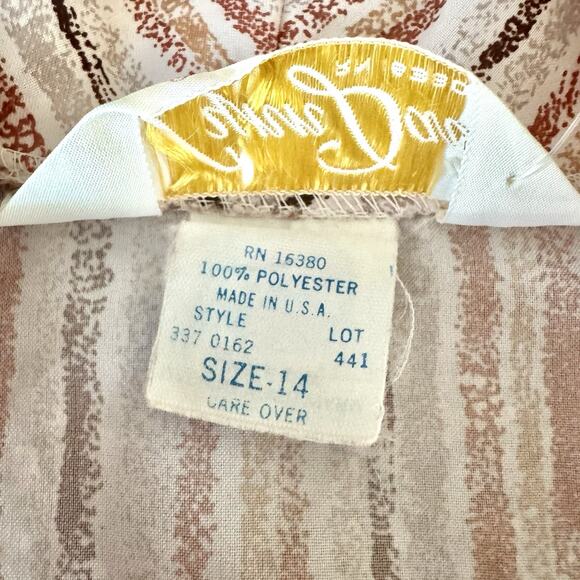 70s Lynn Davis Sz 14 Rust Red Midi Dress Tie Neck Striped Secretary Boho Retro - Picture 8 of 16